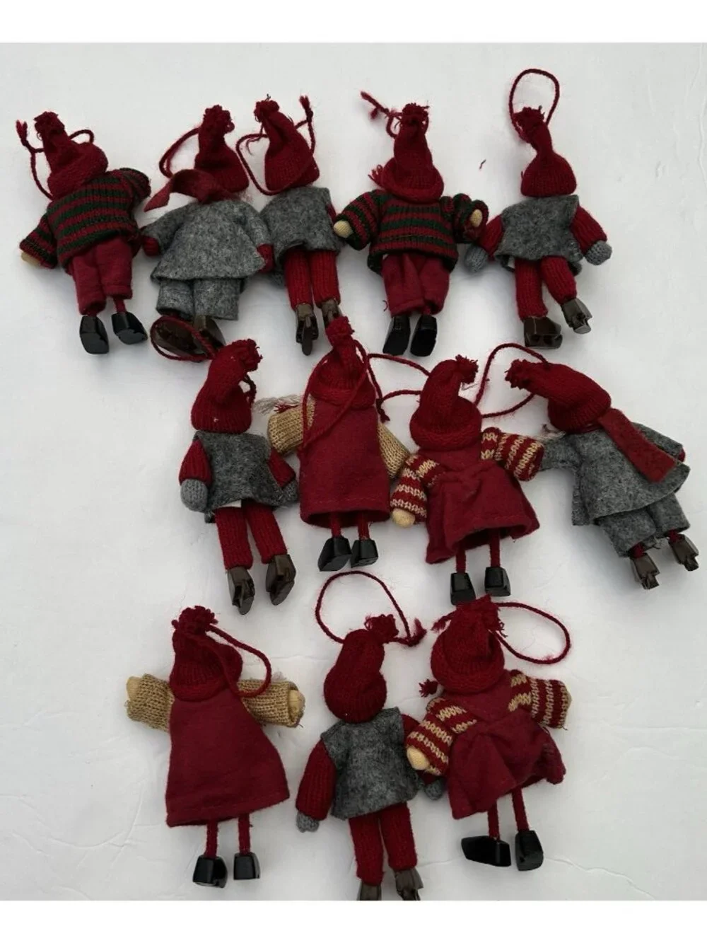 Vintage Set of 12 Tomte Nisse Boys Girls Wooden Felt Handmade Ornaments Holiday
